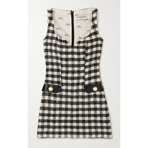 Rowen Rose Houndstooth Tweed Faux Leather Trimmed Mini Dress in Black - Picture 9 of 13